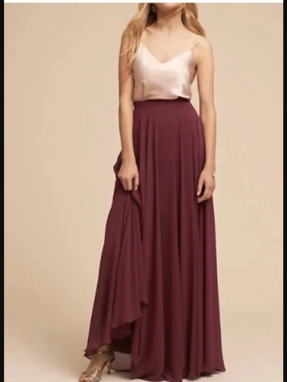 Anthropologie Jenny Yoo Styled By TC Hampton Maxi Skirt Flowy Maroon Wine Sz 14